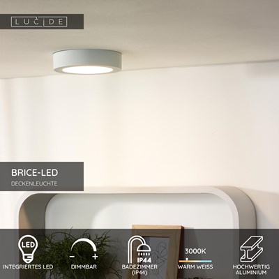 Lucide BRICE-LED - Deckenleuchte Badezimmer - Ø 18 cm - LED Dim. - 1x12W 3000K - IP44 - Weiß